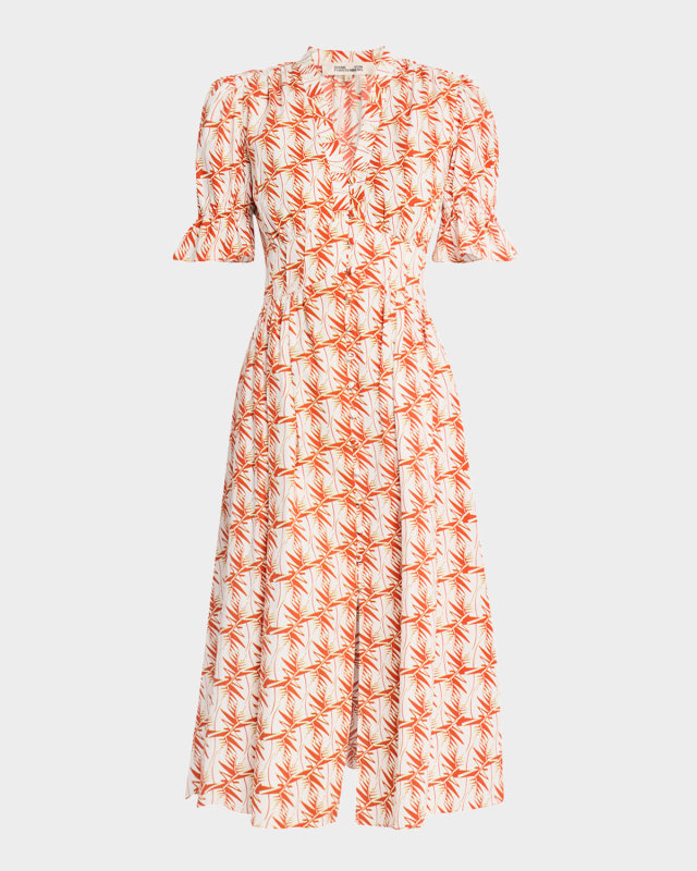 Erica Puff-Sleeve Poplin Midi Dress